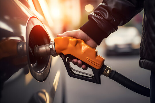 man's hand grips a gasoline fuel nozzle, refuels his car with care, essential connection between humans and their vehicle ready to embark on new journeys