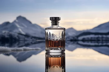 Gordijnen Mockup of a whiskey or liquor bottle on a natural style background © toonsteb