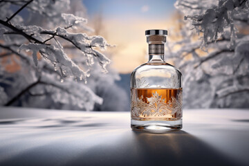 Mockup of a whiskey or liquor bottle on a natural style background - obrazy, fototapety, plakaty