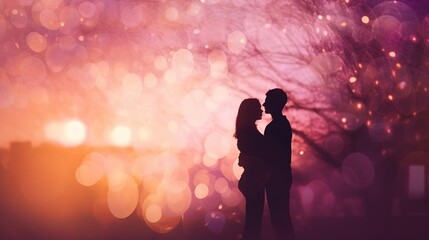 Two lovers kissing in front of Bokeh pink background. Created with Generative Ai technology.