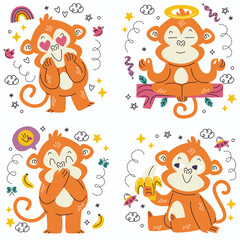 doodle monkey emoticons stickers collection
