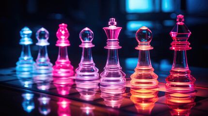 Futuristic chess. Plastic figures glowing with neon light on playing board on dark background. Purple, pink, blue, yellow. Reflection. Concept of board game, erudition, intelligence. Generative AI