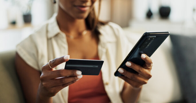 Hands, credit card and phone for closeup, home and woman with cybersecurity, fintech app and banking info. Girl, smartphone and payment for customer experience, budget or sales on e commerce website