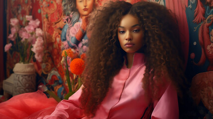 Indoor portrait of an African American woman with long wavy hair and wearing a pink silk pajama top. Sitting in front of a painted mural.