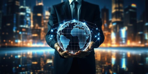 Global Businessman Generating Wireframe Network Connection - Digital Marketing Strategy