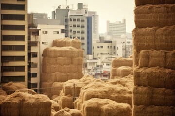 A view of Tokyo's crowded urban landscape with tall buildings and heaps of hay. Generative AI