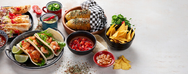 Mexican food, many dishes of the cuisine of Mexico.
