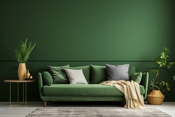 Calm living room furnished with a green armchair against a dark green wall. Generative AI