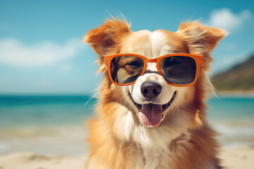a cute dog with sunglasses on the sand beach on a sunny day enjoying vacation