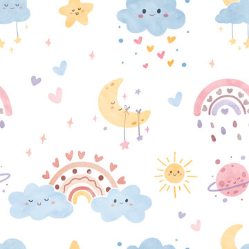 Seamless pattern boho rainbow and cute elements. Watercolor Illustration