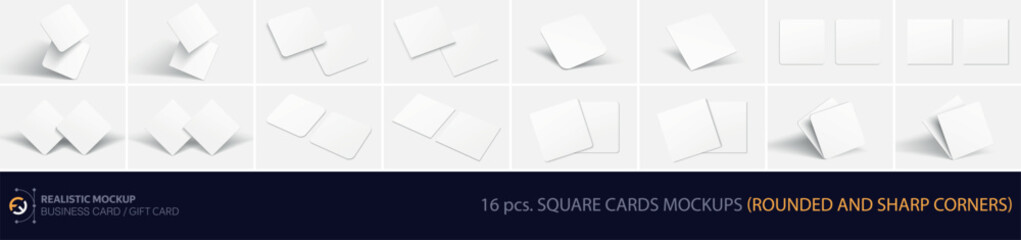 Realistic set mockup business card / credit credit / gift card: 16 pc mockup. Set of square cards with sharp and rounded corners with realistic shadows isolated on light background. 