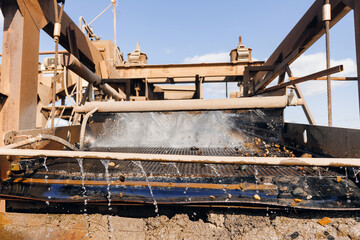 Sand quarry banner, Industrial plant with belt conveyor in open pit mining. Construction site, Industry machine for stone crusher