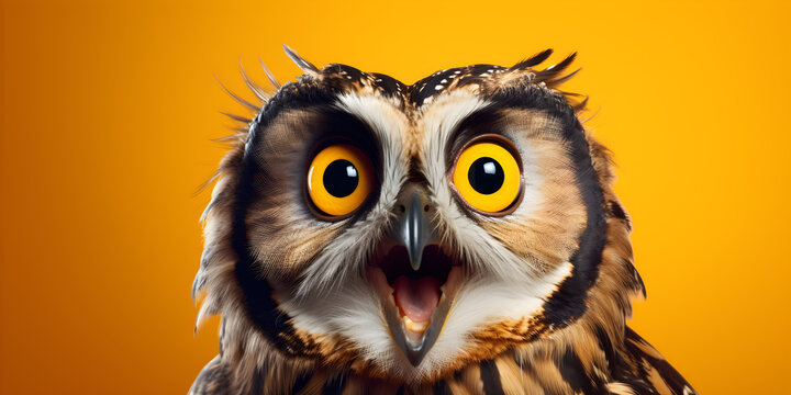 funny studio portrait of surprised owl isolated on yellow background