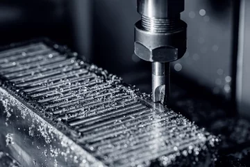 Tuinposter Working closeup CNC turning cutting metal Industry machine iron tools with splash water. © Parilov