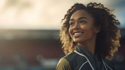 Happy smiling motivated afro american young woman runner at outdoor stadium, copy space