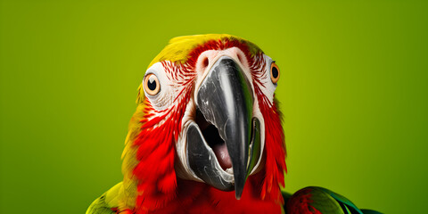 colourful studio portrait of red macaw parrot isolated on green background