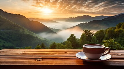 A cup of hot coffee on a wooden table against a background in the mountains