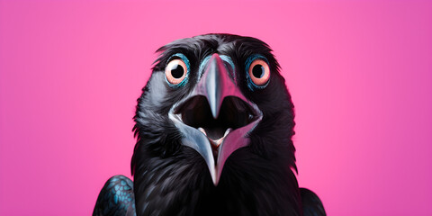 funny studio portrait of crow isolated on pink background - obrazy, fototapety, plakaty