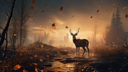 A deer stands in a bare forest. In the background is the big city.