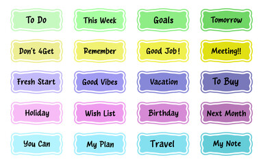 Planner stickers. Organizer tags. Printable planner stickers. Planners and weekly days label, memo schedule sticker tag. Bullet journal stickers, planner, scrapbook stickers design.