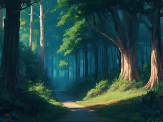 Obraz premium Green summer forest in anime style