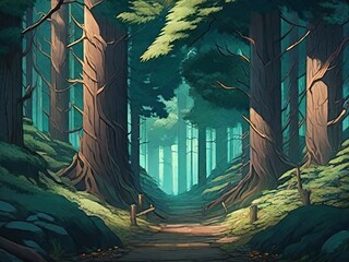 Green summer forest in anime style