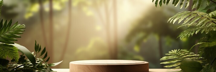 Exquisite Wooden Product Display Podium Amidst Enchanting Jungle Forest with Sunlit Shadows, Perfect for Organic Cosmetic and Food Presentations - 3D Illustration