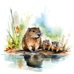 Watercolor illustration of beaver family on white background