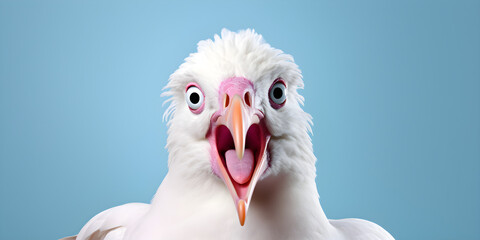 funny studio portrait of albatross bird isolated on blue background