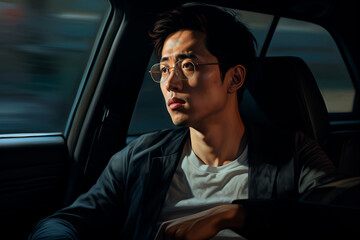 A handsome and serious male driver in a car