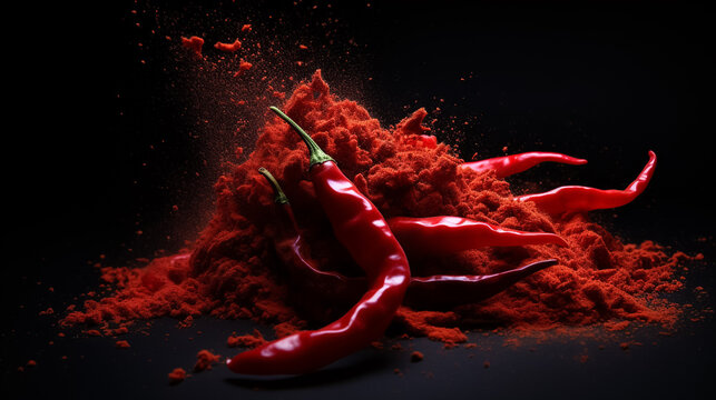 Flying dry chili pepper and chili powder