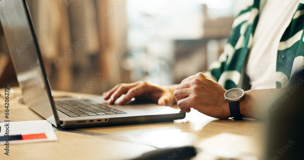 Poster closeup, business and man with a laptop, typing and network with connection, supply chain or entrepr