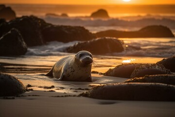 A seal on beach at sunset with sun on water, rocks in background, yellow sky, and light on ground. Generative AI