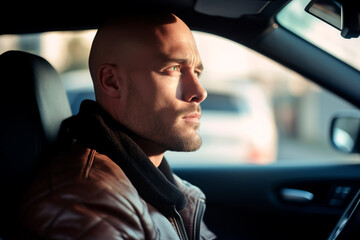 A handsome and serious male driver in a car