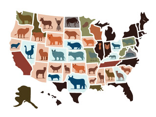 Doodle State Map with State Animal, cartoon sticker, sketch, vector, Illustration, minimalistic