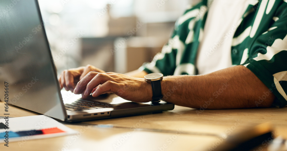 Leinwandbilder man, laptop and hands typing for communication, email or online research on desk at office. closeup 