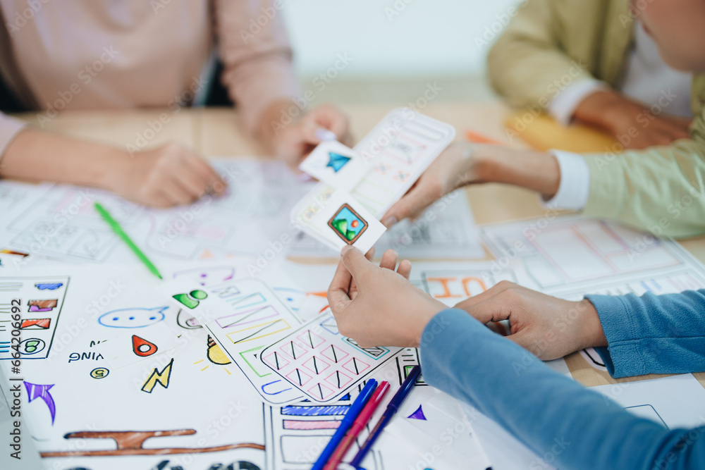 Wall mural team of creative web, graphic designer planning for mobile phone, drawing website ux ui app for mobi