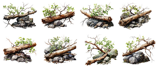 Fototapeta premium branch and stone watercolor illustration, generative AI