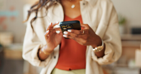 Closeup, businesswoman and hand with smartphone for e commerce, digital banking or mobile app in...