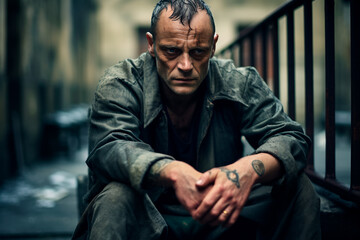 Obraz premium A rugged prisoner sitting in the prison yard