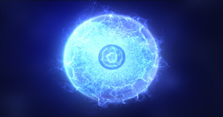 Abstract blue sphere atom with electrons flying glowing bright particles and energy magic field, science futuristic hi-tech background