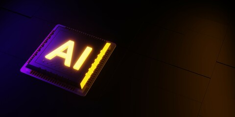 Glowing chip with sigh in yellow and purple neon light 3d render