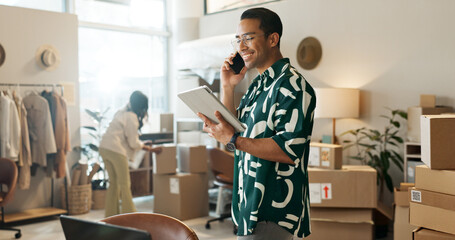 Business, phone call and man with a tablet, shipping and startup with internet, smile and website...