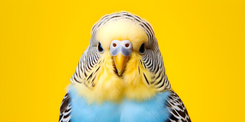 colourful studio portrait of blue and yellow budgerigar bird isolated on yellow background - obrazy, fototapety, plakaty