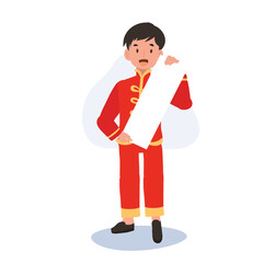Happy Little Kid in Chinese Traditional Costume Holding Long Paper. Chinese New Year Celebration