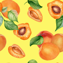 Watercolor whole and segment apricots seamless pattern isolated on yellow. Orange fruits illustration. Peach, leaves, nectarine hand drawn. Design element for package, wrapping, textile, background