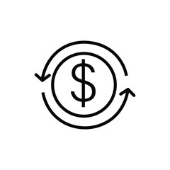 Cashback icon, return money. Cash back rebate, Reinvest earning, chargeback, Dollar coin with arrow, credit payment tax exchange simple thin line Vector illustration Design, white background EPS10