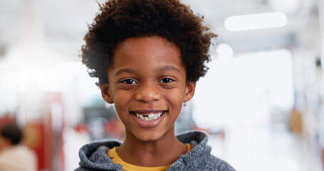 Portrait, boy or child with education for learning, knowledge and study with smile and confidence....
