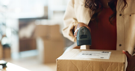 Woman, hands and scan box in logistics for inventory check, storage inspection or pricing at...