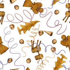 Christmas seamless pattern with Christmas ornaments digital illustration isolated on white. wooden toy, deer, jingle bells, serpentine hand drawn. Element for new year design wrapping, background